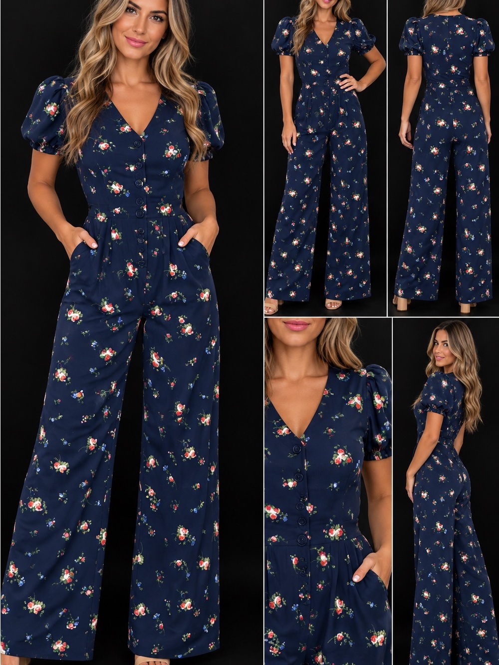 crown & ivy Navy Floral Puff-Sleeve Wide-Leg Jumpsuit